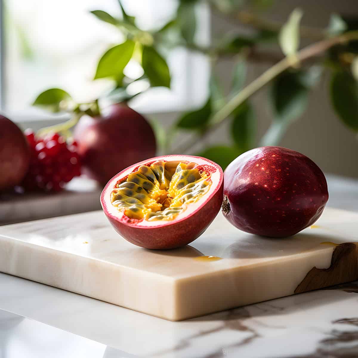 Red Passionfruit on a kitchen counter