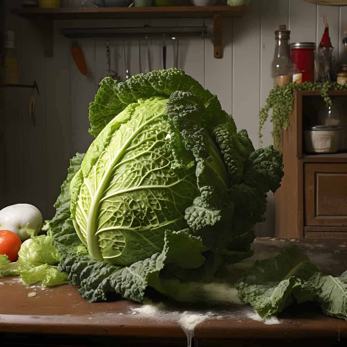 Savoy Cabbage on a kitchen counter