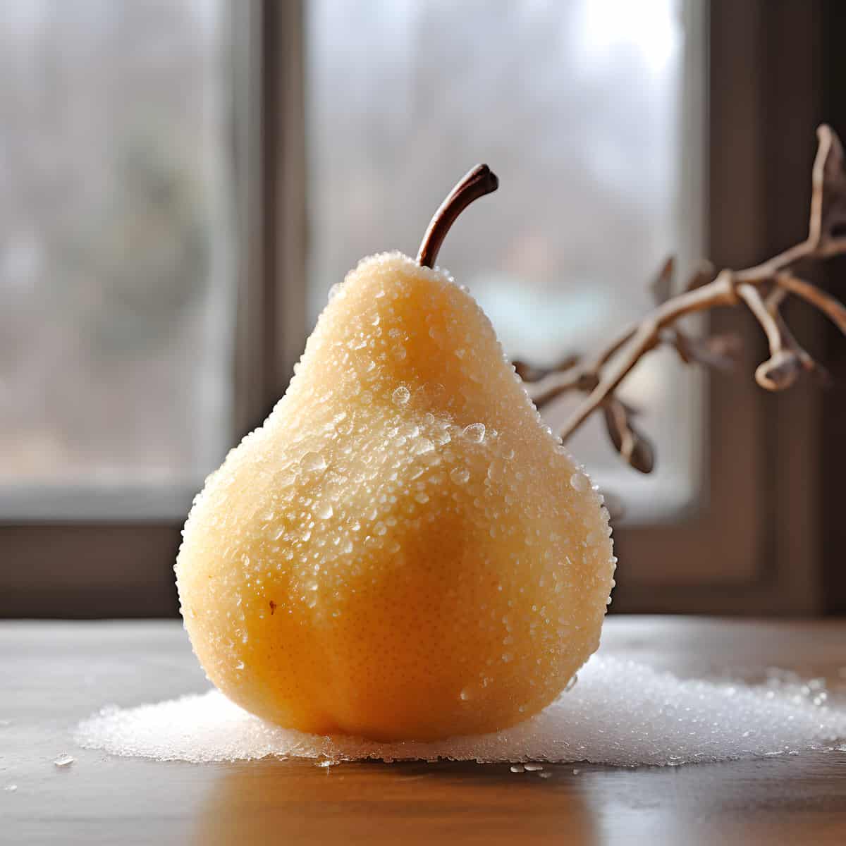 Snow Pear on a kitchen counter