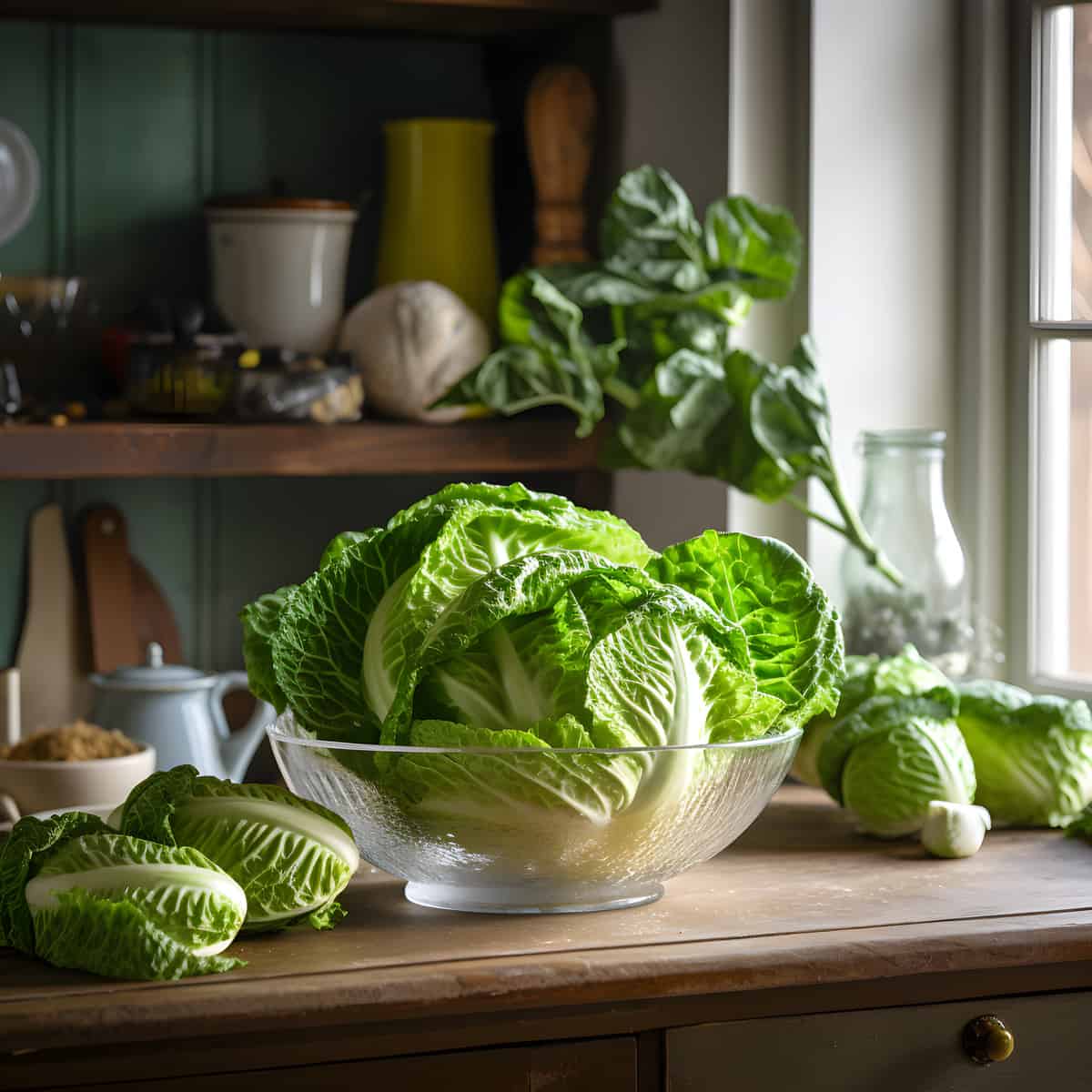 Spring Cabbage on a kitchen counter
