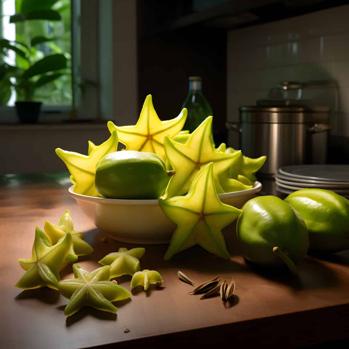 Star Fruit on a kitchen counter