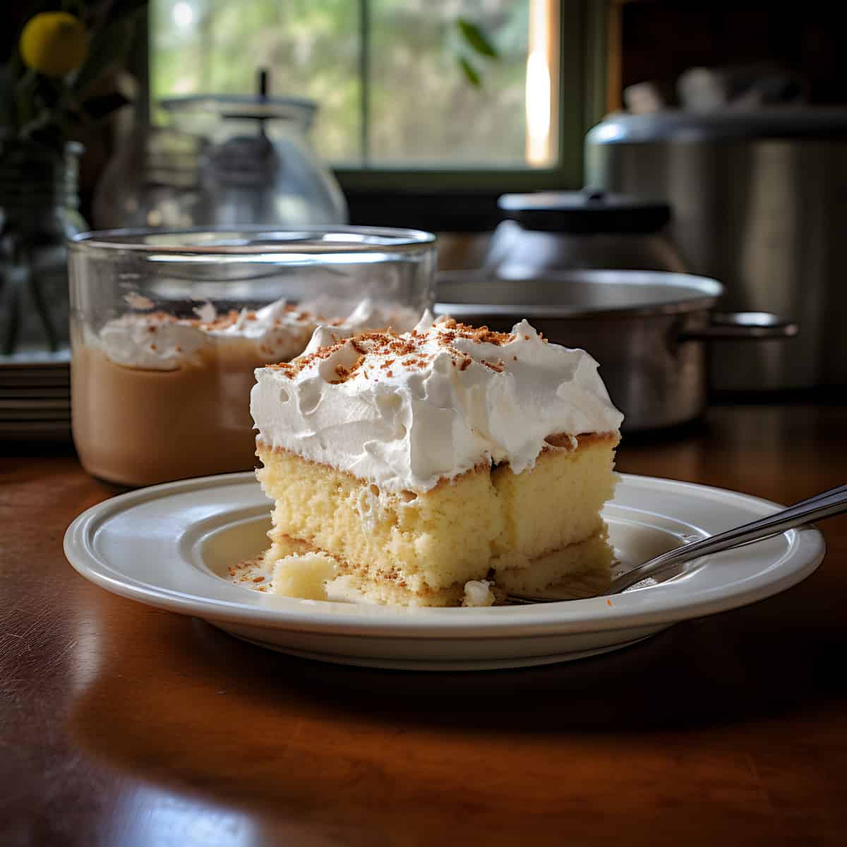 Tres Leches Cake on a kitchen counter