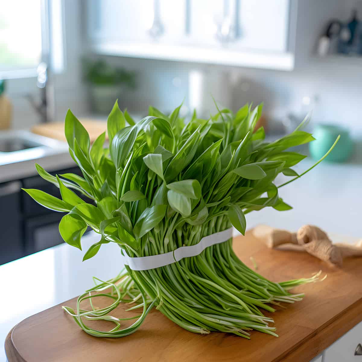 Water Spinach on a kitchen counter