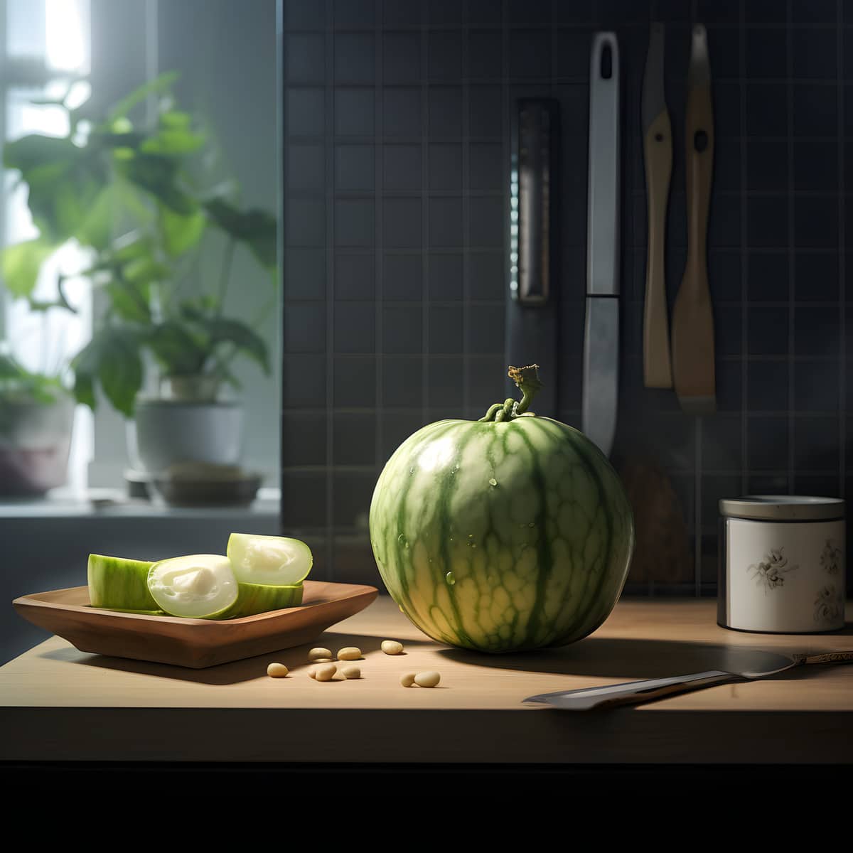 Winter Melon on a kitchen counter