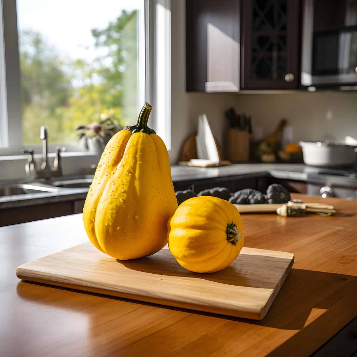 Yellow Hubbard Squash on a kitchen counter