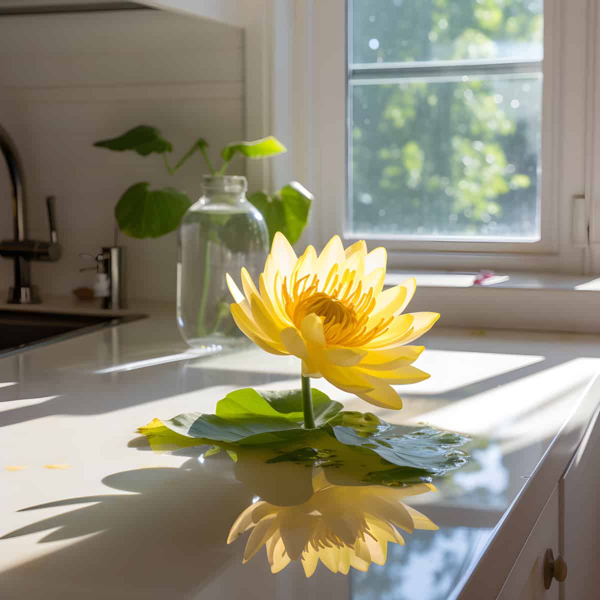 Yellow Pond Lily on a kitchen counter