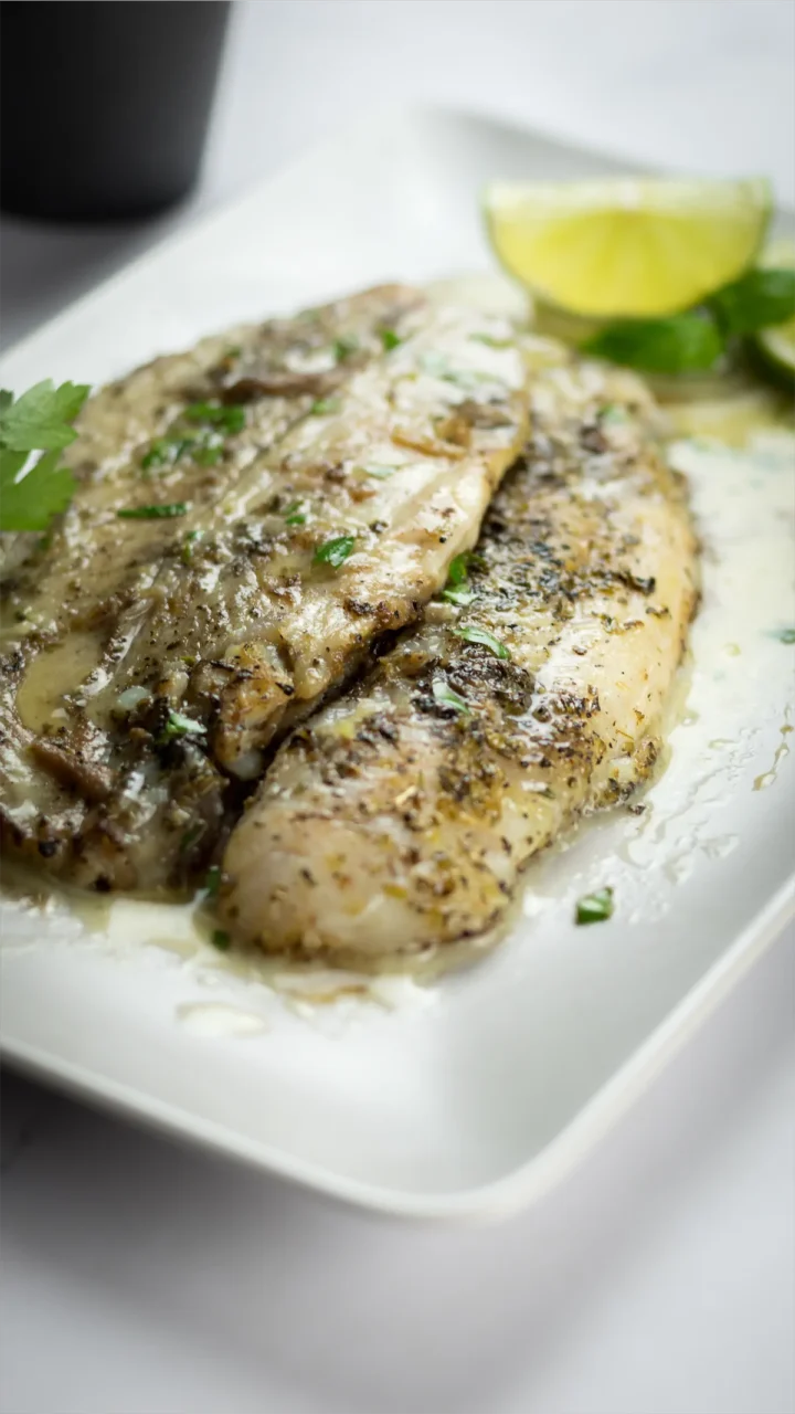 Homemade pan-fried halibut filets drizzled with lemon butter sauce served on a plate.