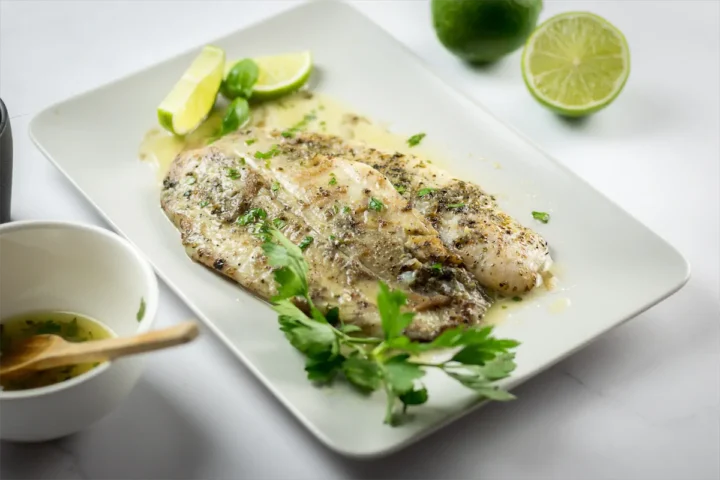 Pan-fried halibut with lemon butter sauce on a plate garnished with fresh parsley.