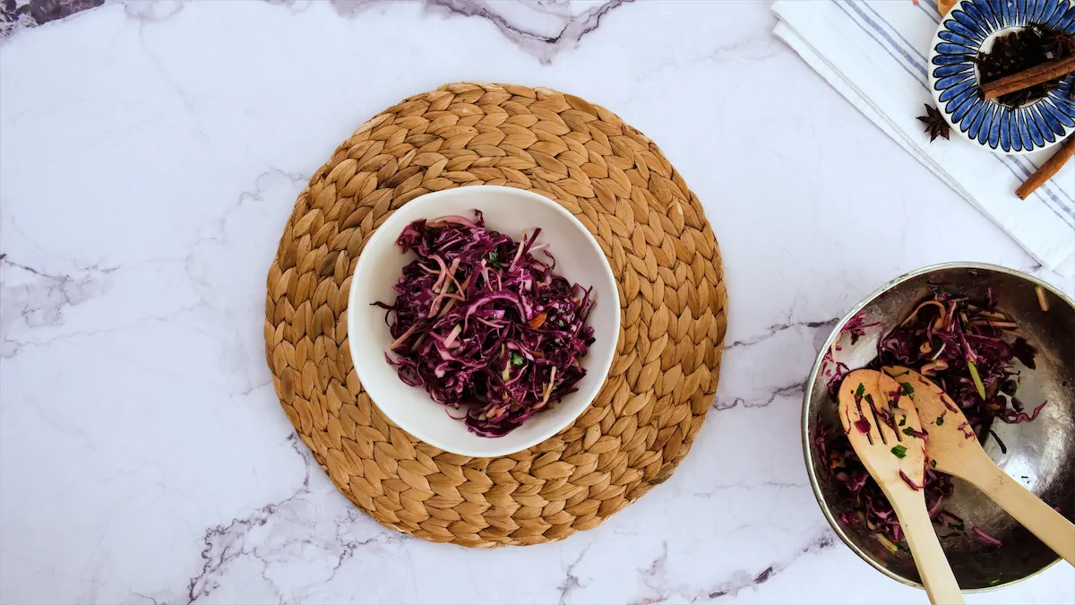 Red cabbage salad, ready to eat.