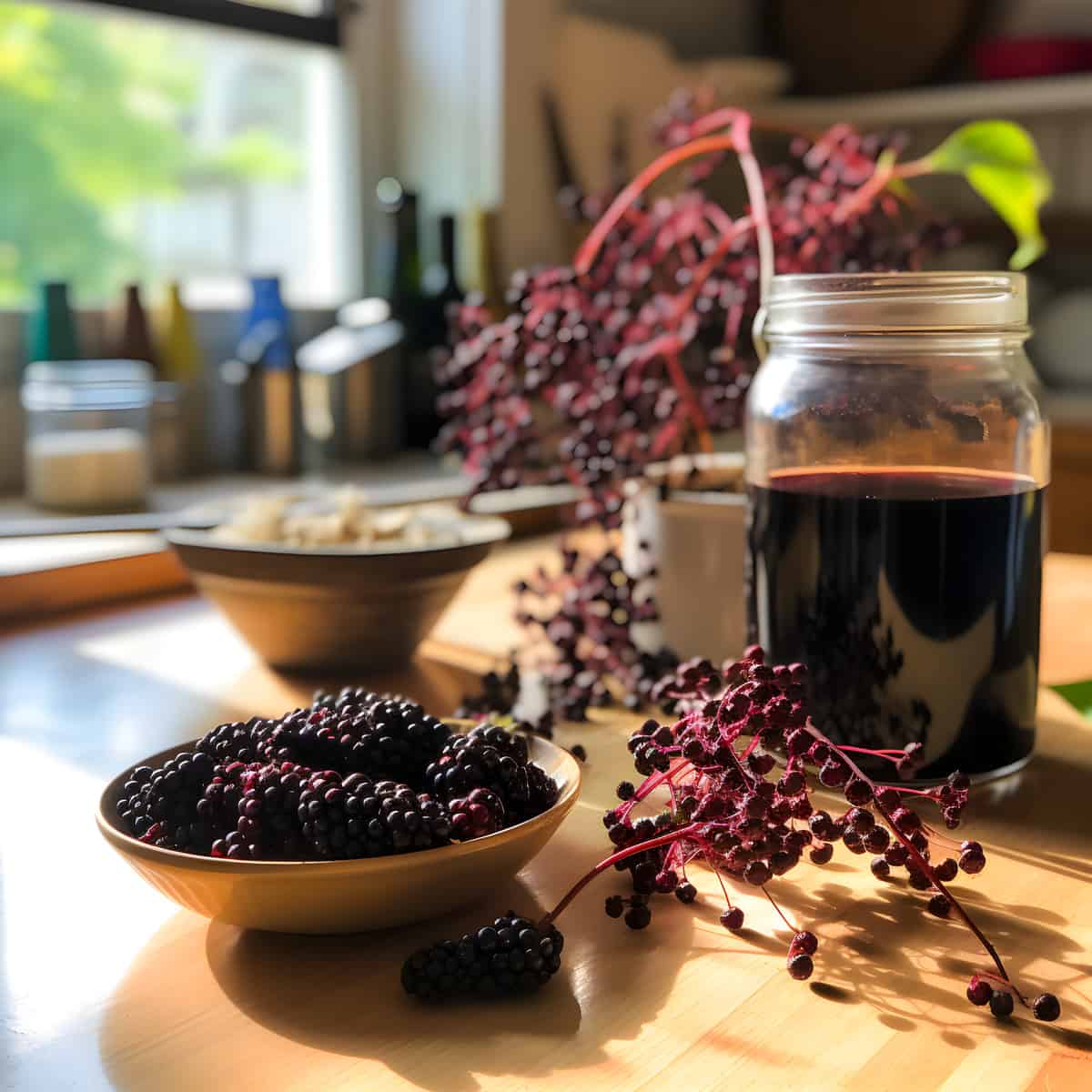 Elderberries on a kitchen table