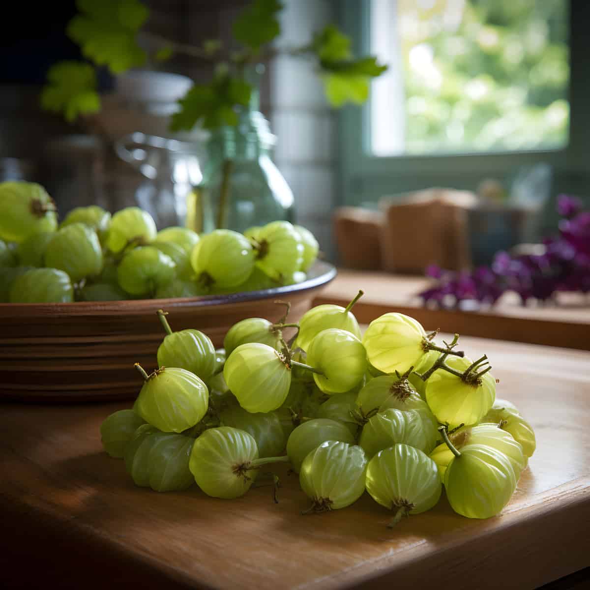 Gooseberries on a kitchen counter