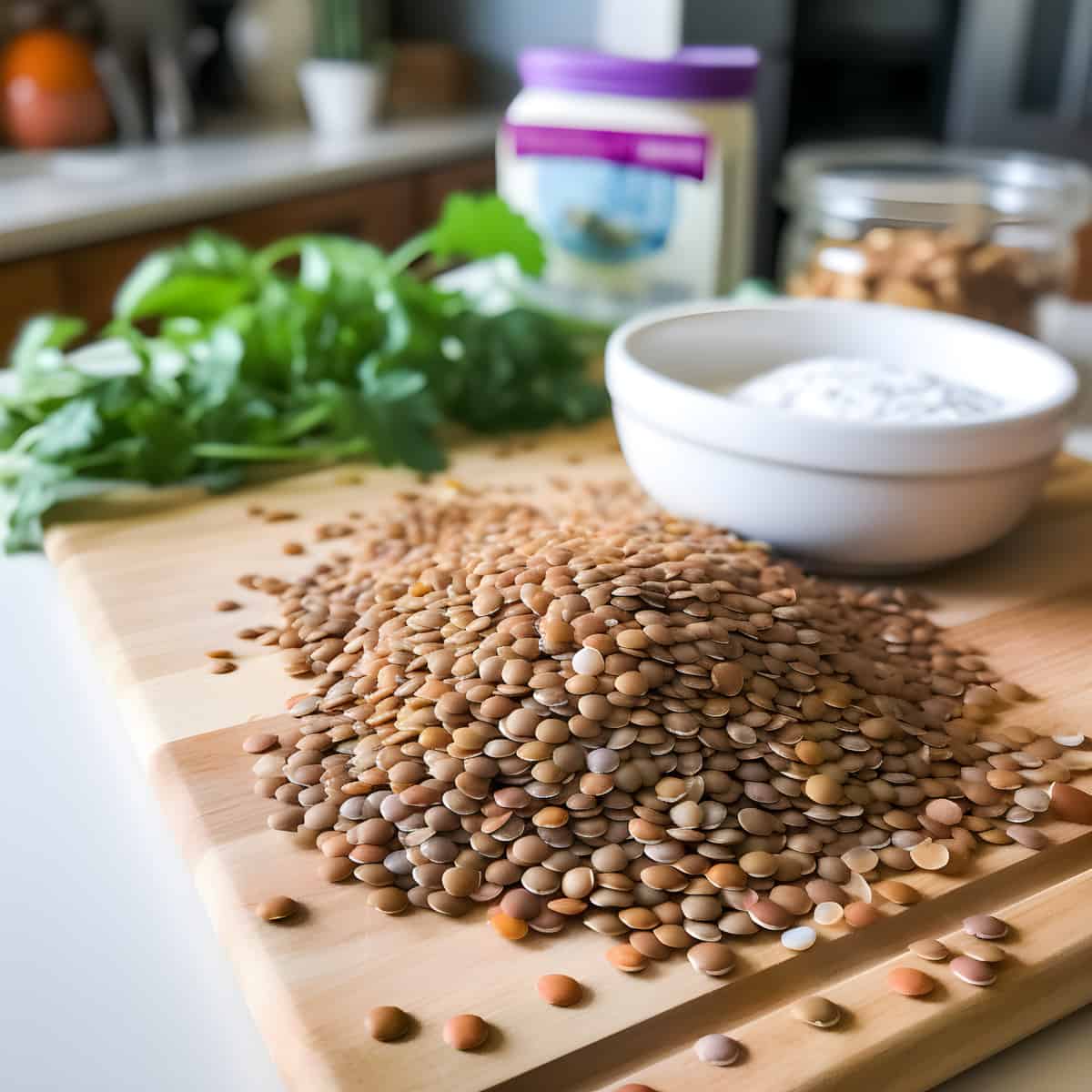 Lentils on a kitchen counter