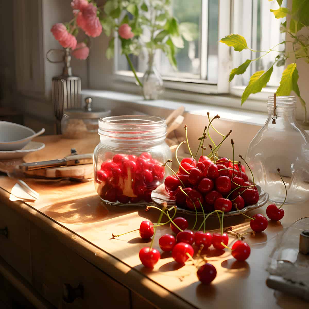 Sour Cherries on a kitchen counter