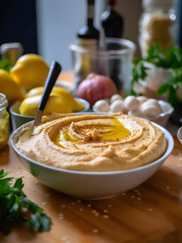 Hummus on a kitchen counter