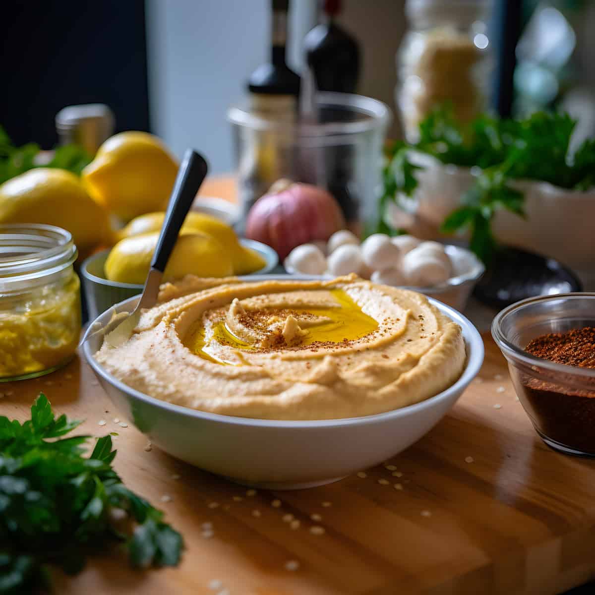 Hummus on a kitchen counter
