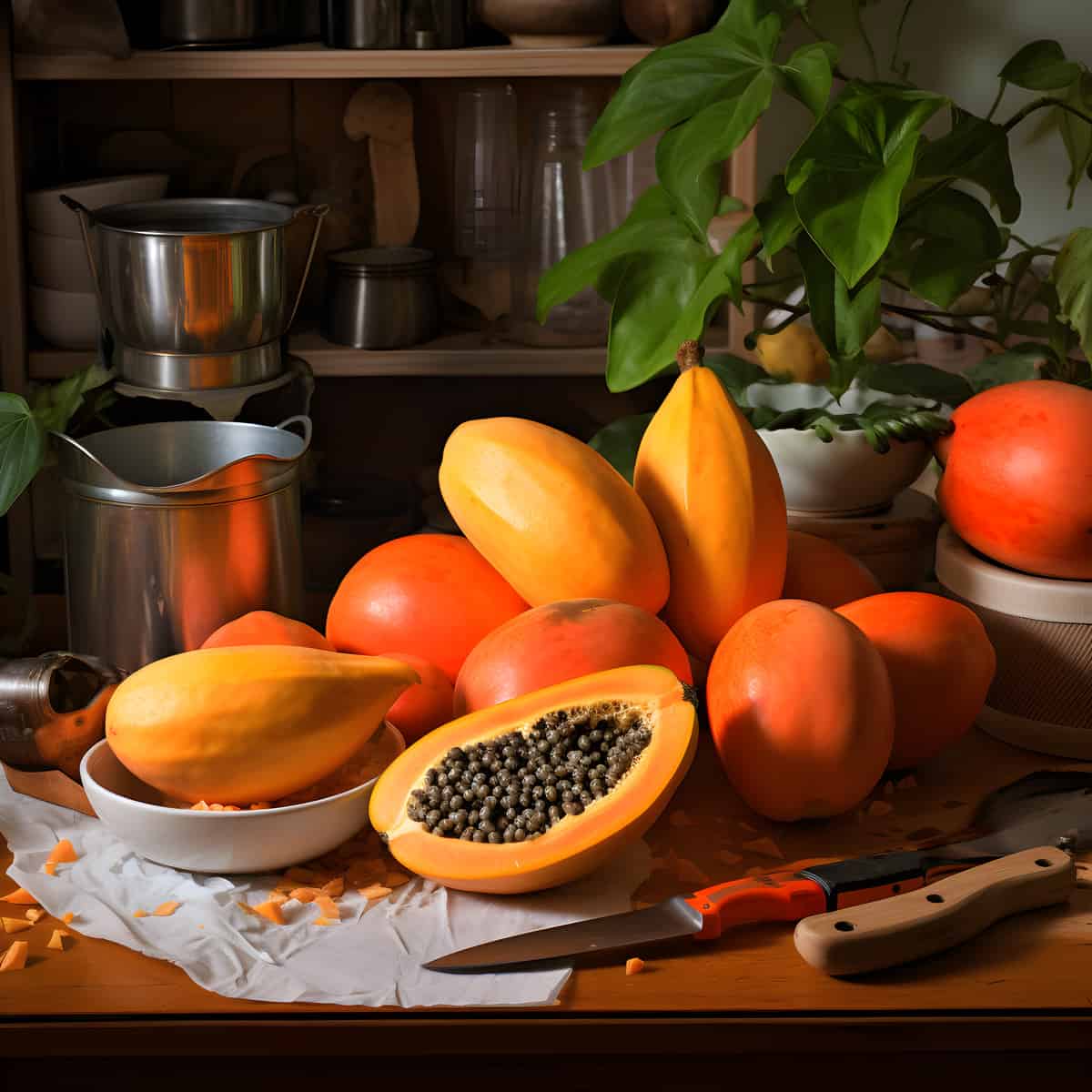Papaya on a kitchen counter