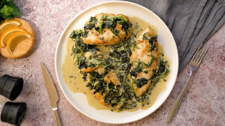 Chicken Florentine served on a plate with a fork and a knife.
