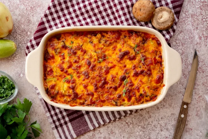 Freshly baked keto ground beef casserole with a golden cheesy crust ready to be served.