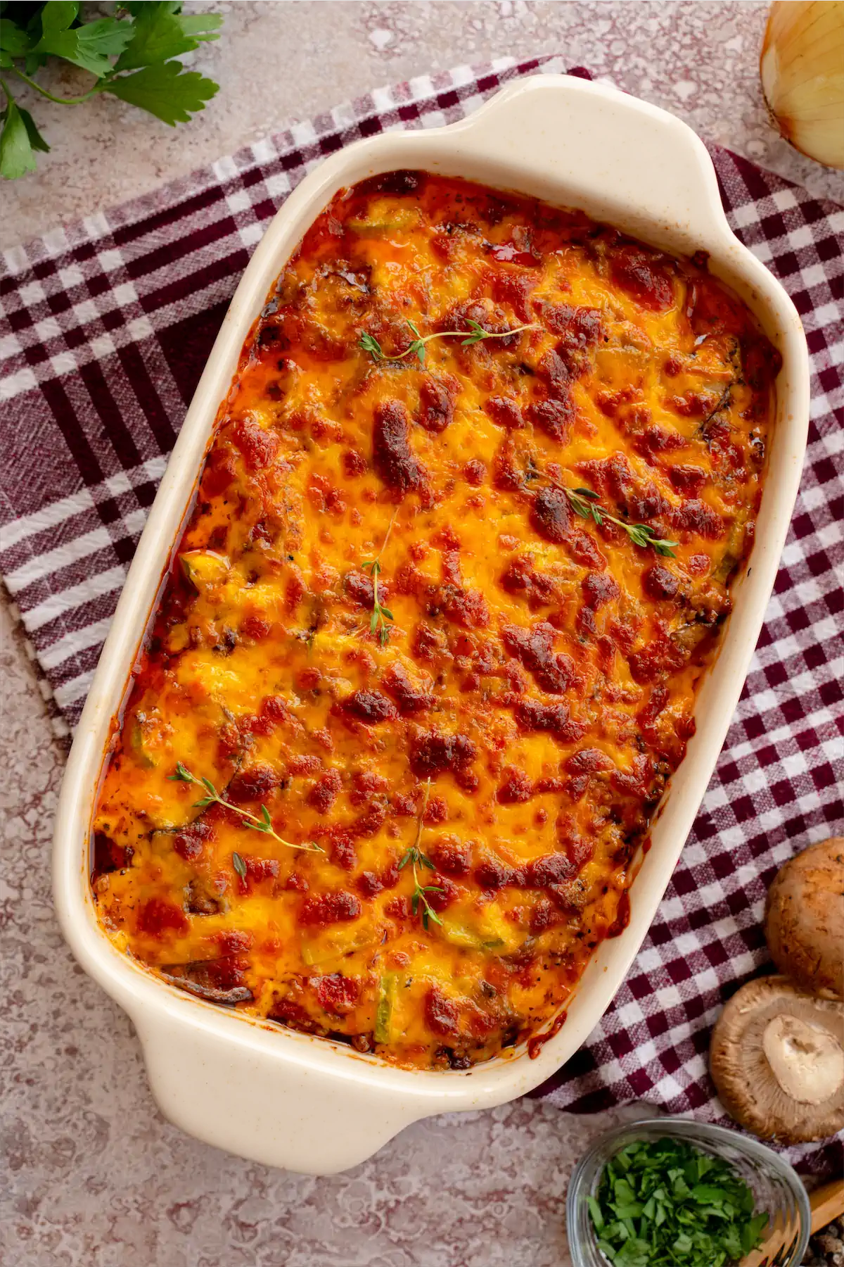 Freshly baked keto ground beef casserole with a golden cheesy crust.