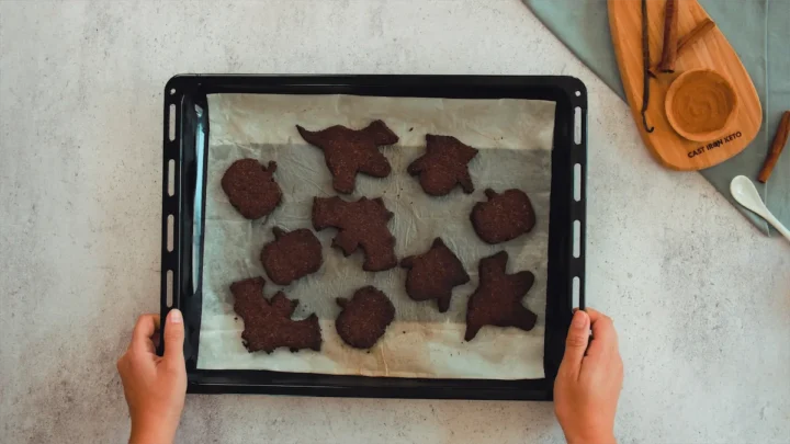 The baked keto halloween cookies on a baking tray.