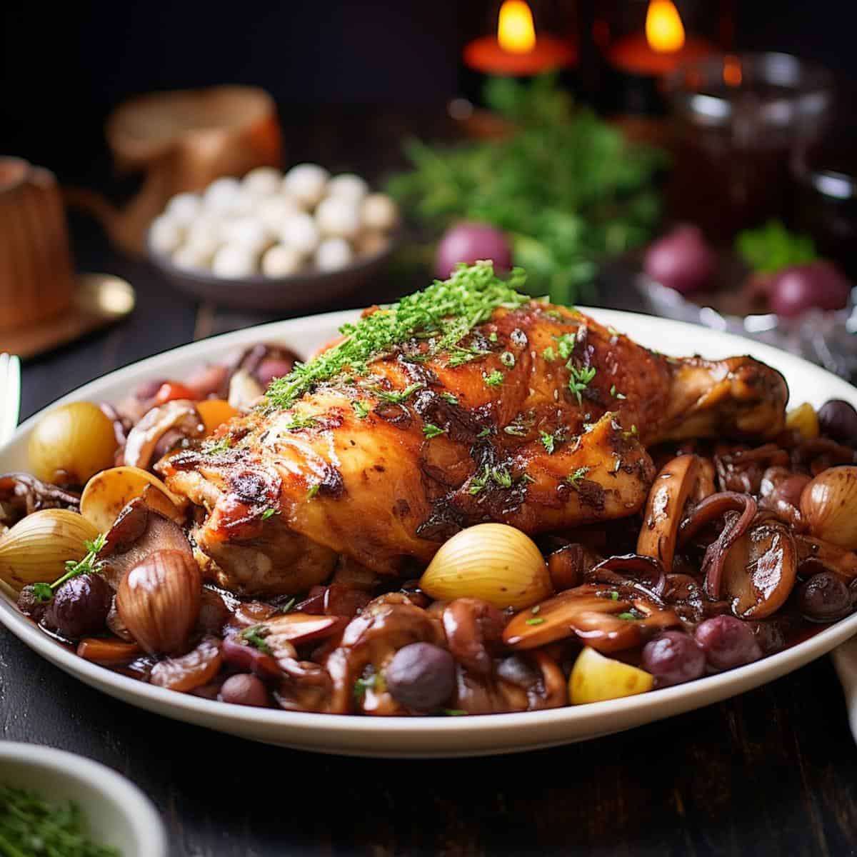 Baked Coq Au Vin on a kitchen counter