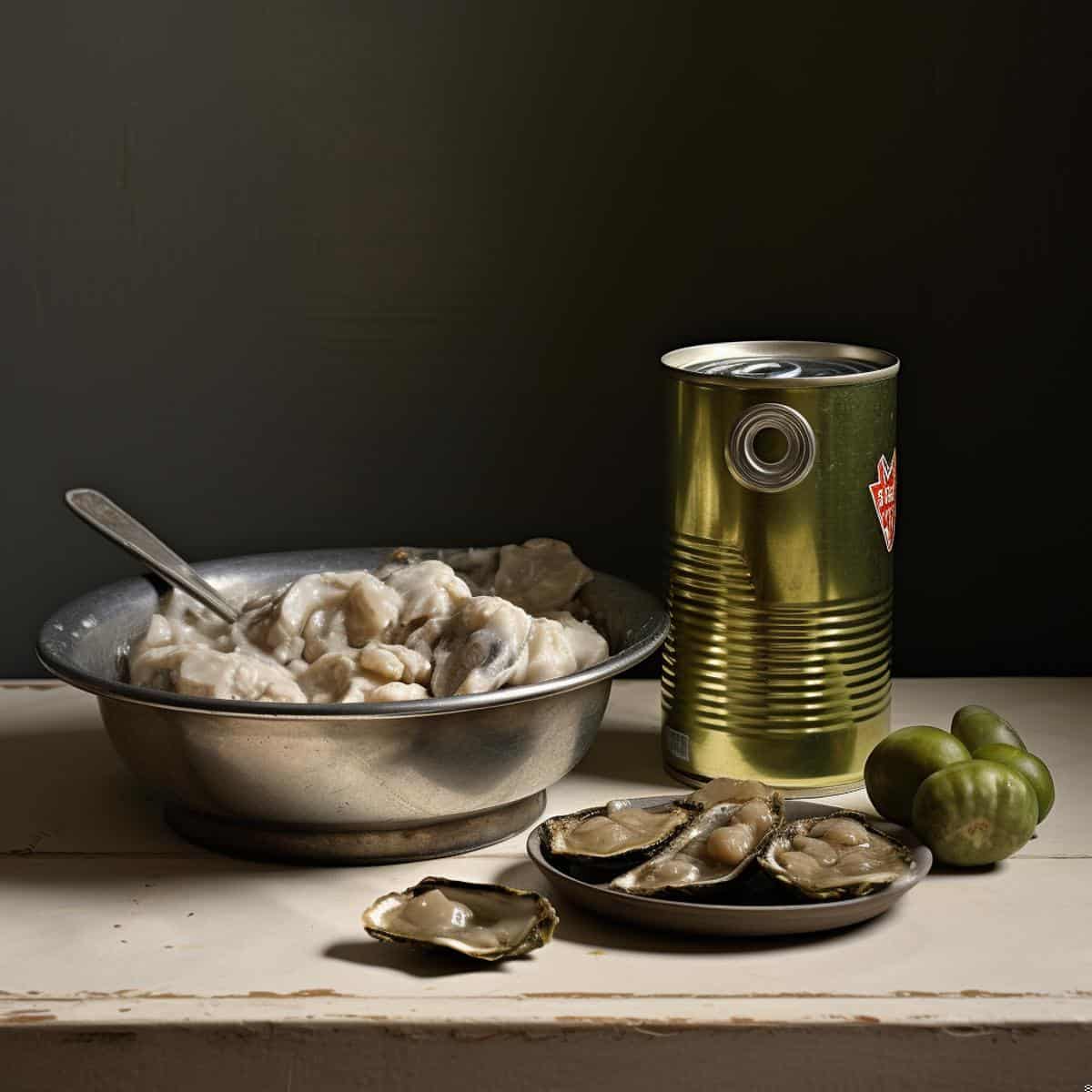 Canned Oysters on a kitchen counter