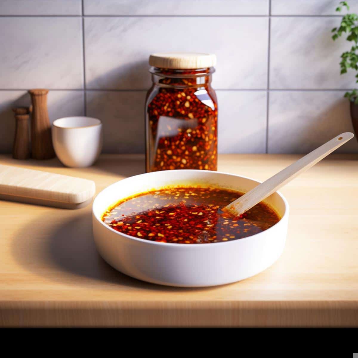 Chili Oil on a kitchen counter
