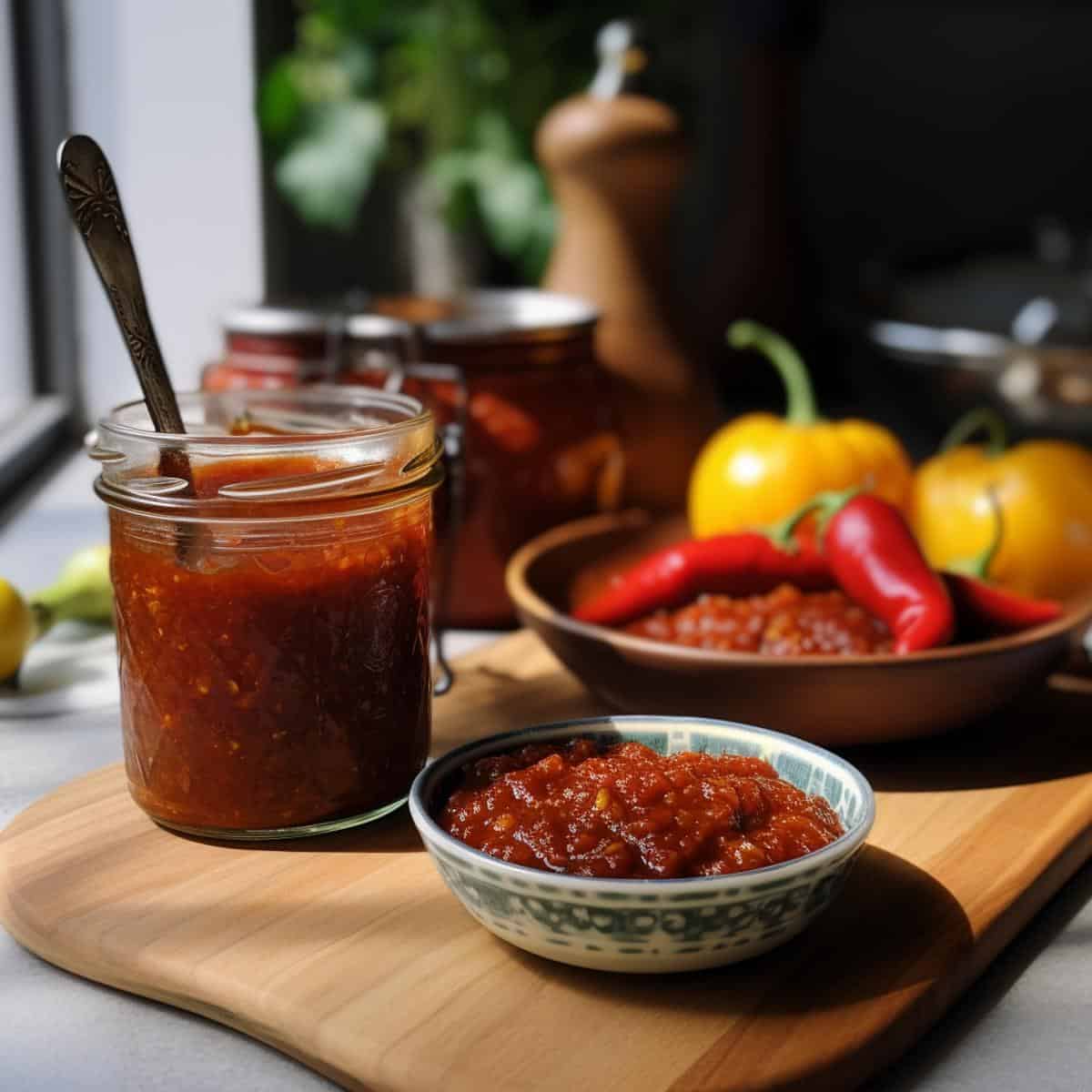 Chili Sauce on a kitchen counter