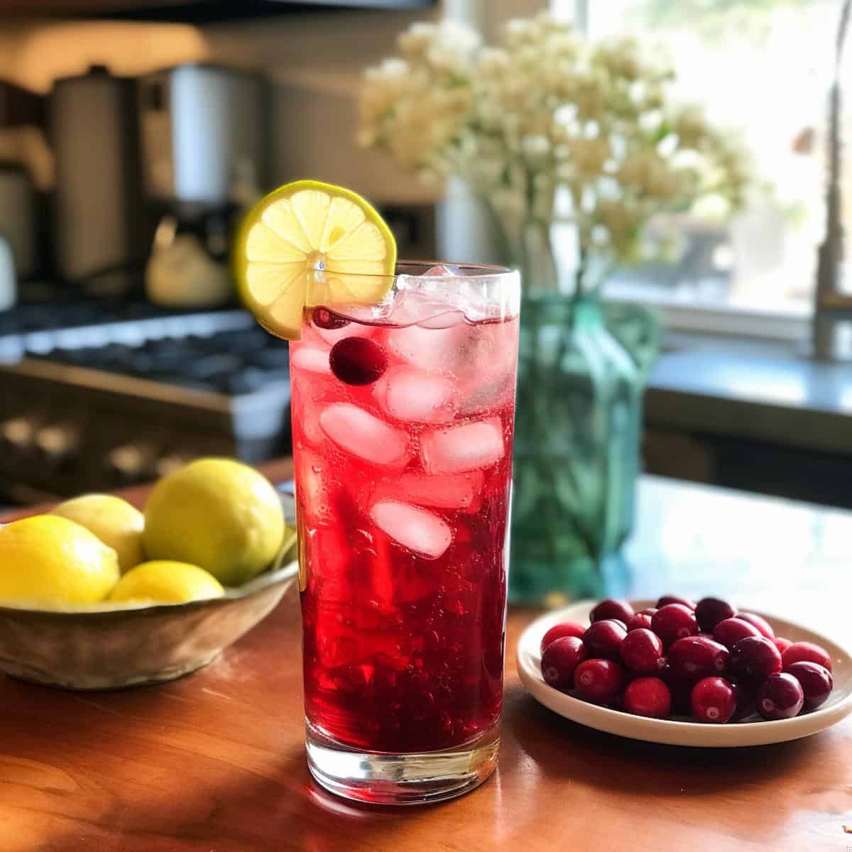 Cranberry Soda on a kitchen counter