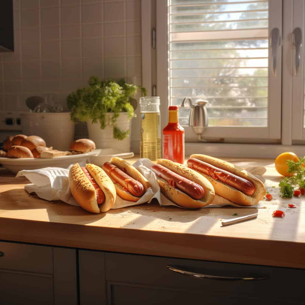 Hot Dogs on a kitchen counter