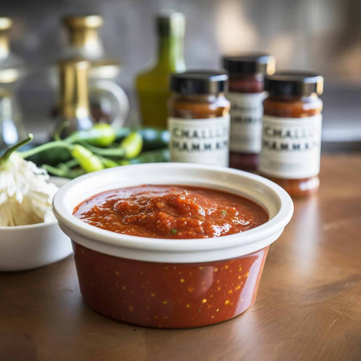 Hot Sauce Or Chili Sauce on a kitchen counter
