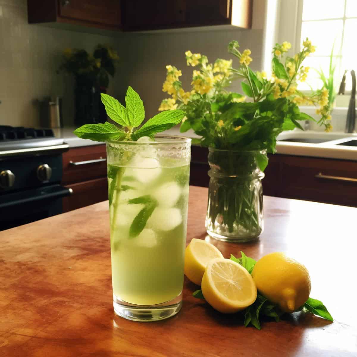 Lemon Verbena Soda on a kitchen counter