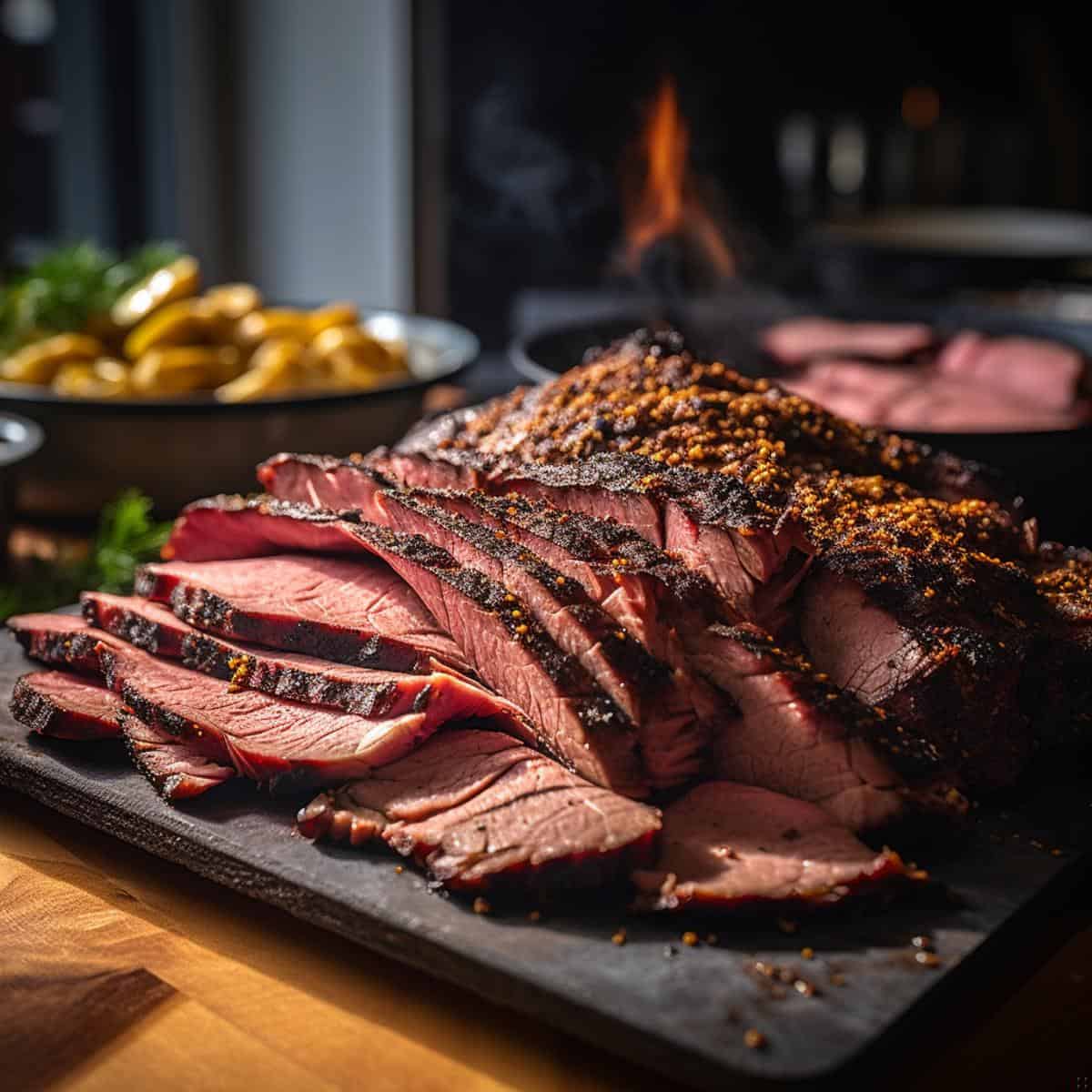 Montreal-Style Smoked Meat on a kitchen counter