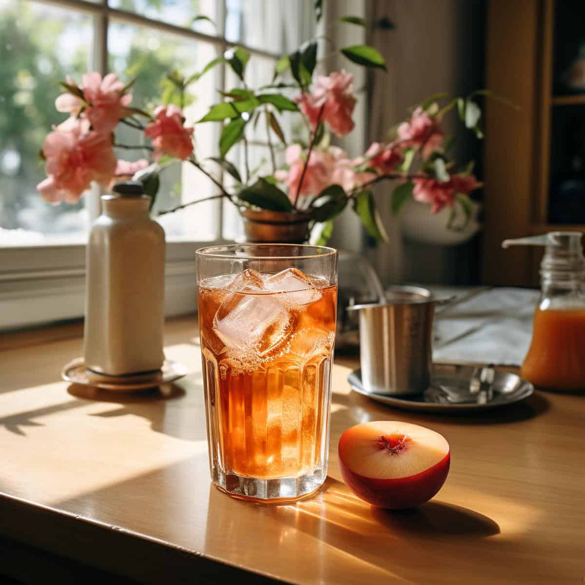 Nectarine Soda on a kitchen counter