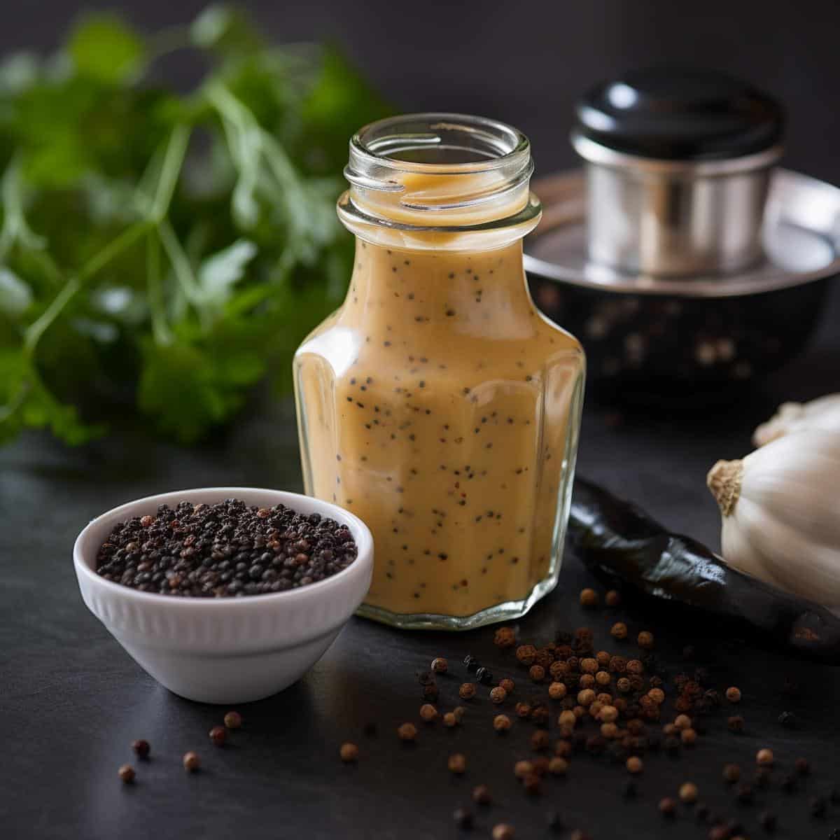 Peppercorn Sauce on a kitchen counter