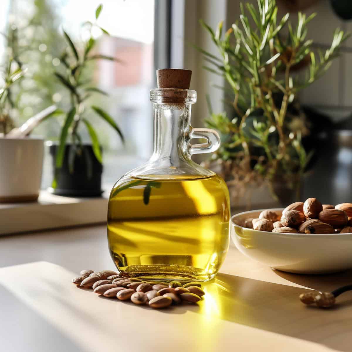 Pine Nut Oil on a kitchen counter