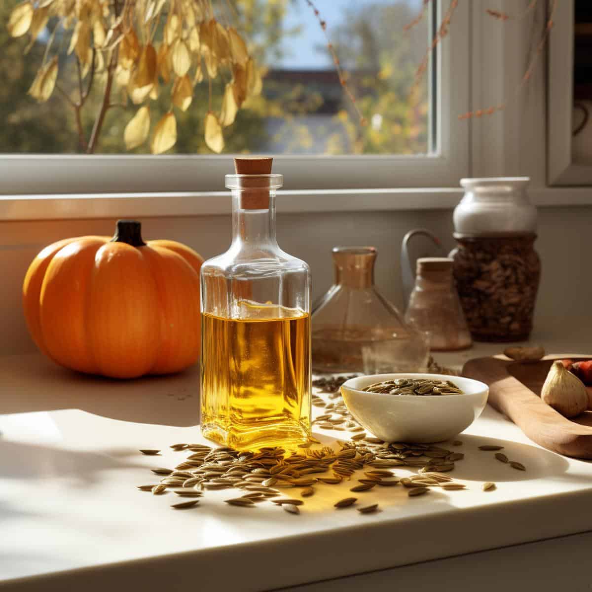 Pumpkin Seed Oil on a kitchen counter