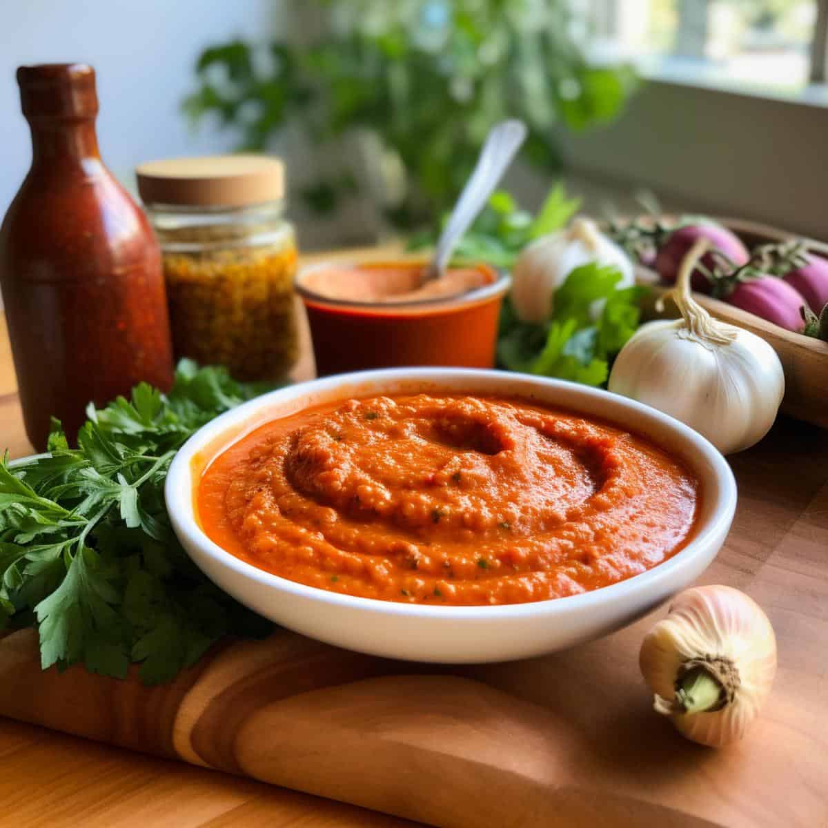 Romesco on a kitchen counter