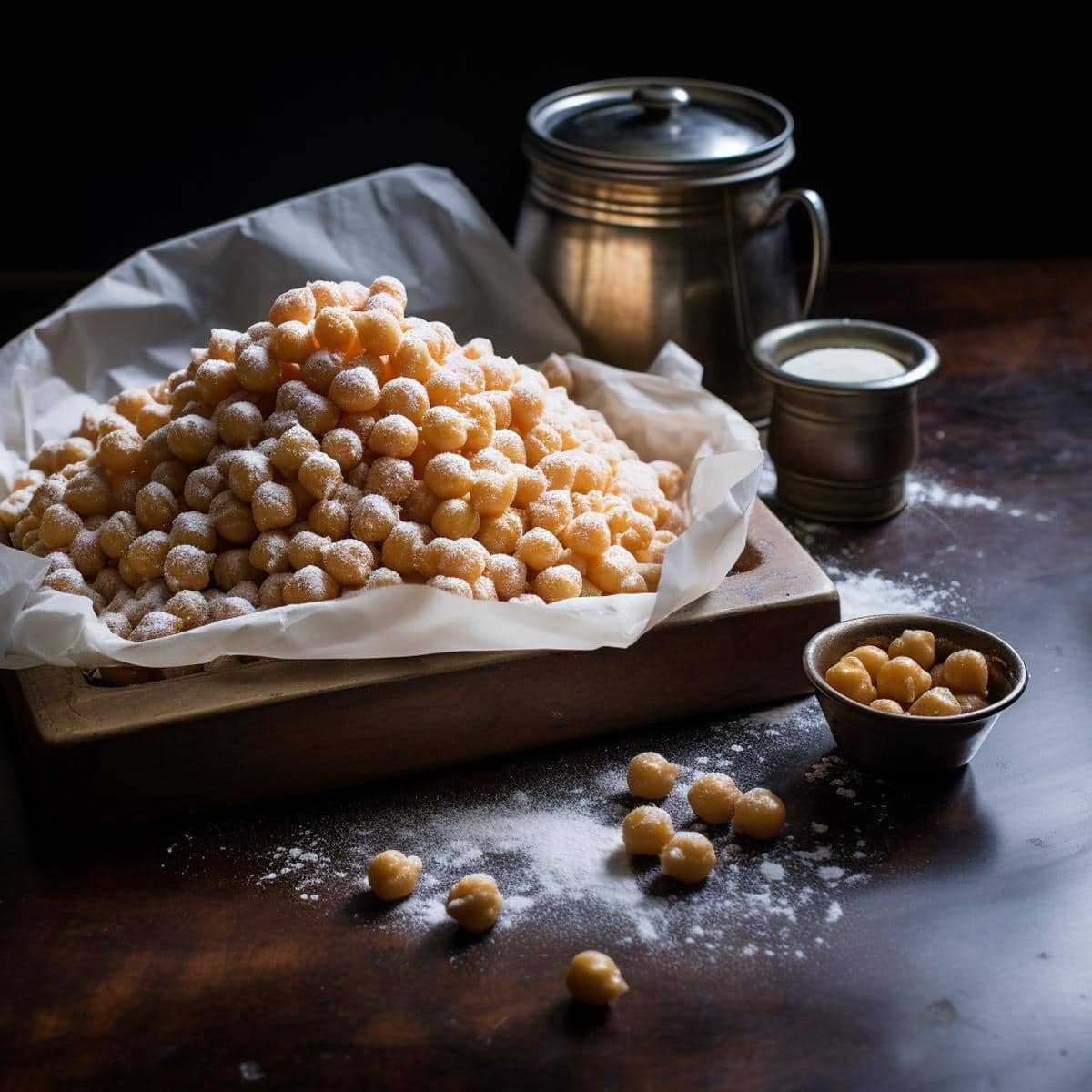 Struffoli on a kitchen counter