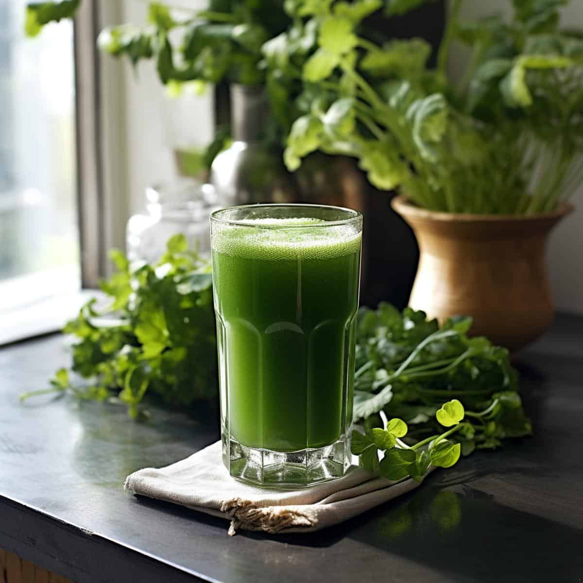 Watercress Juice on a kitchen counter