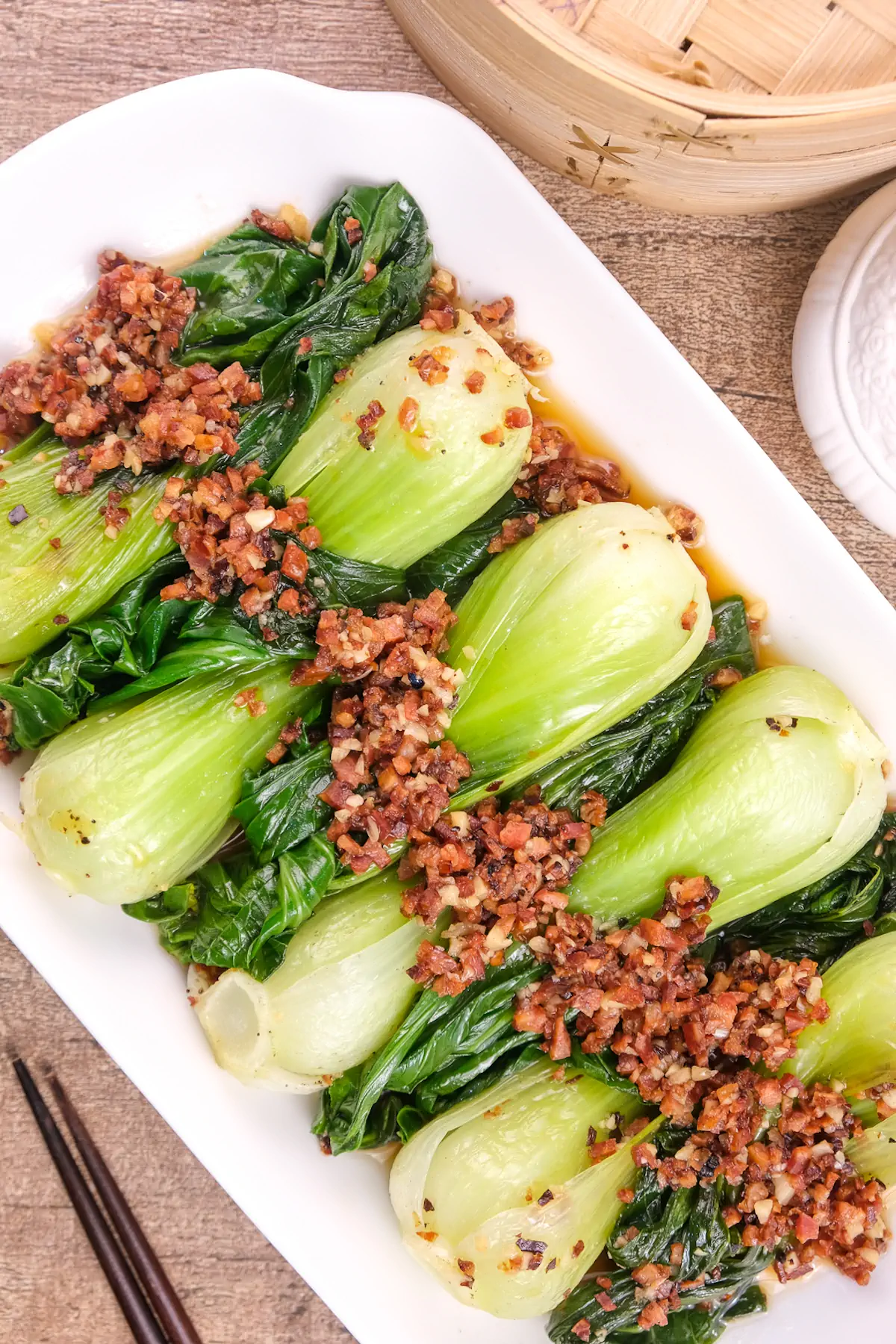 A platter of Chinese keto bok choy and chorizo.