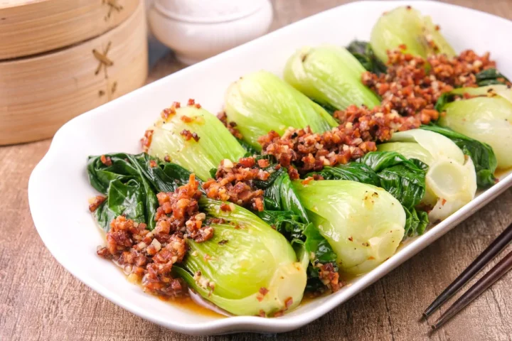 A platter showcasing Chinese keto bok choy and chorizo.