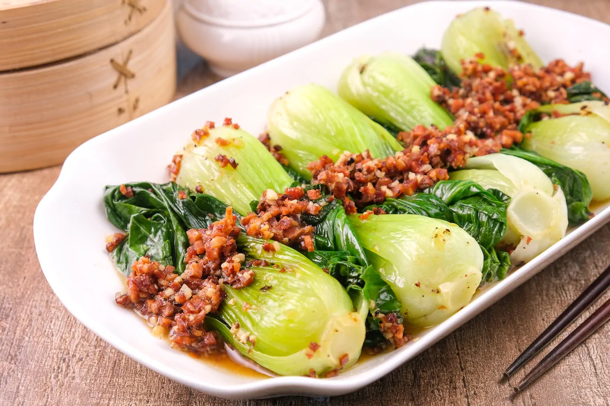 A platter showcasing Chinese keto bok choy and chorizo.