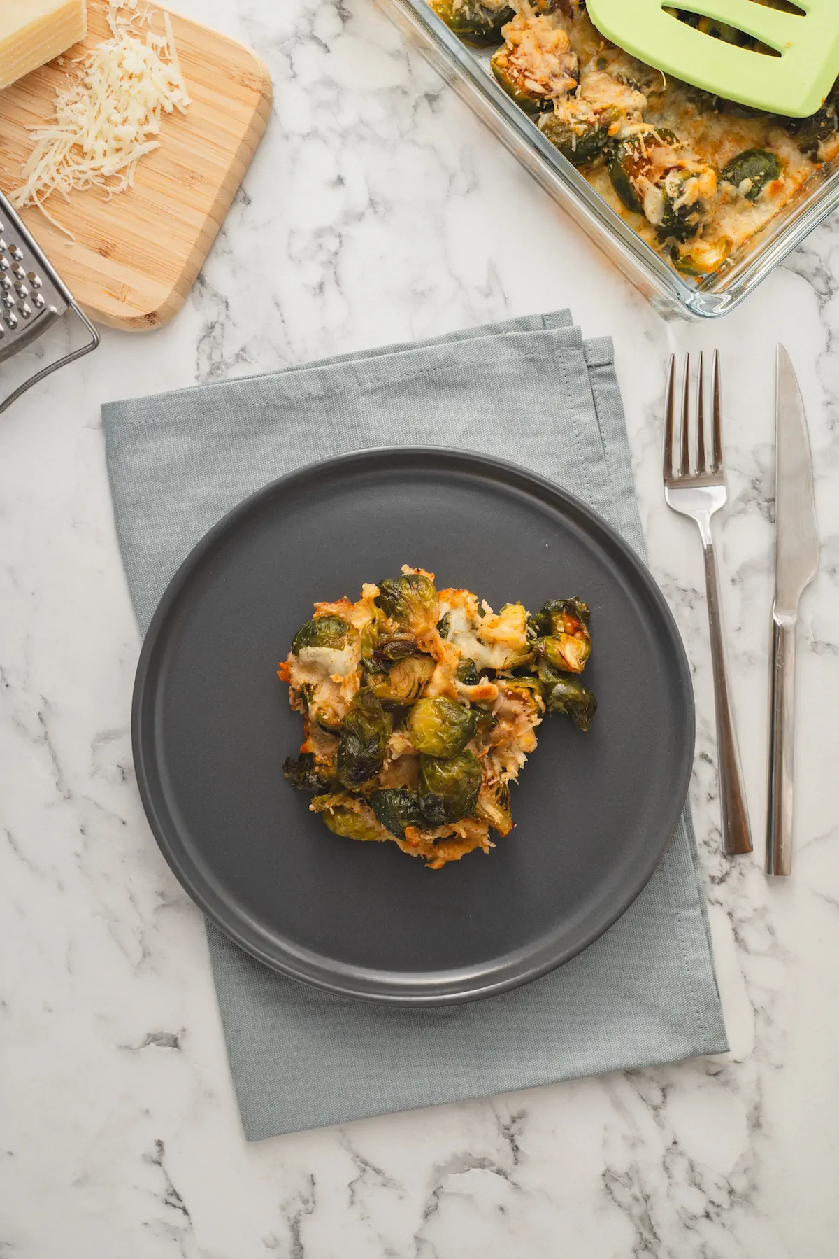 Homemade keto Brussels sprouts casserole served on a plate.