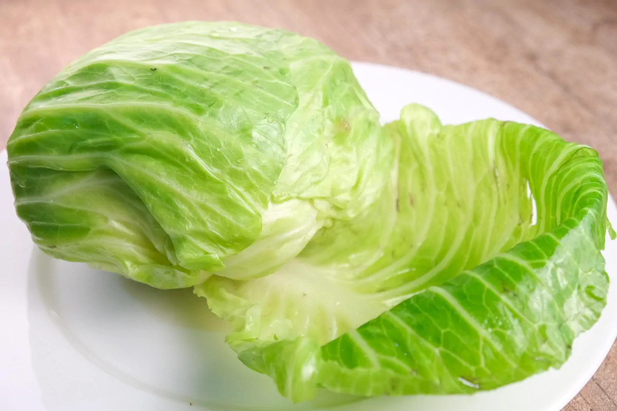 Blanched cabbage leaves on a plate.