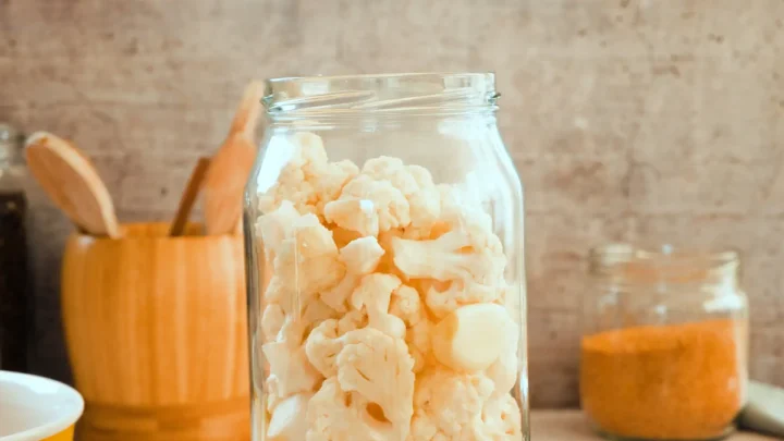 A glass jar with cauliflower florets ready to be pickled.