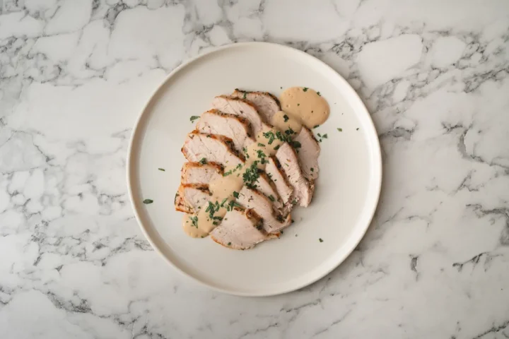 Roasted turkey breast sliced and keto gravy poured over it on a plate.
