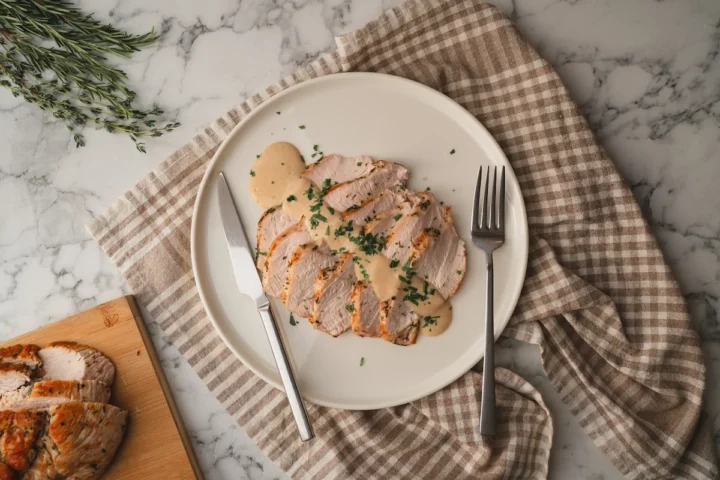 Roasted turkey breast slices with keto gravy, presented on a plate with a fork and a knife.