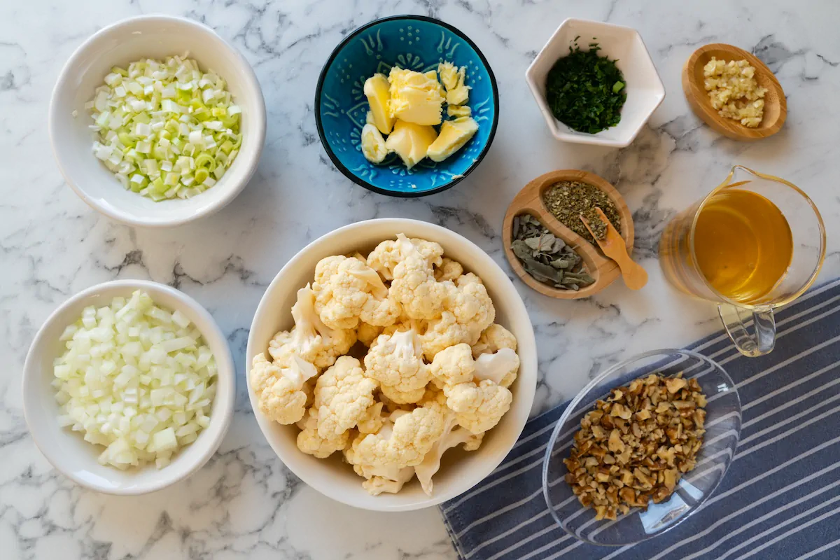 All the ingredients required to make the cauliflower stuffing gathered and arranged on the table.
