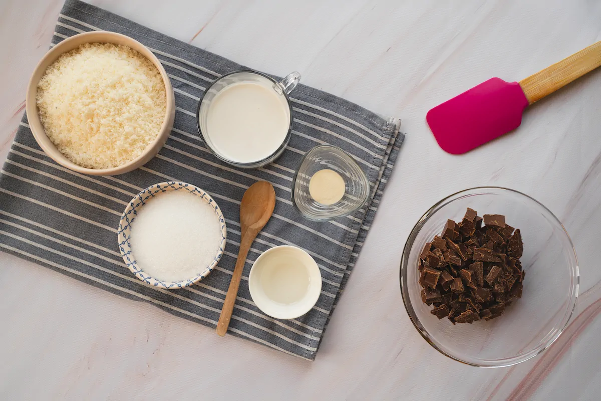 All the ingredients required to make keto bounty bars gathered and displayed on the table.